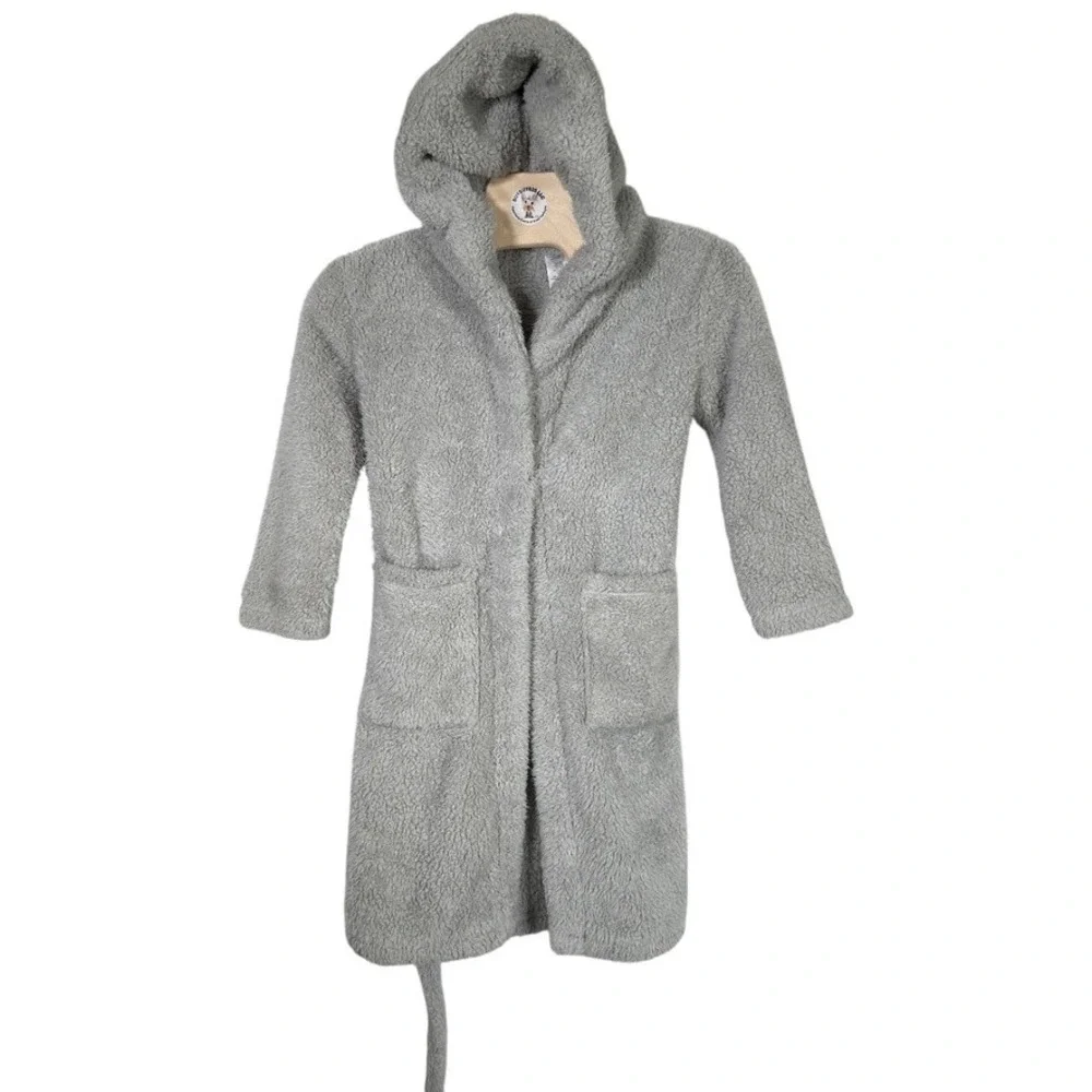 Pottery Barn Teen XS/S Gray Recycled Sherpa Hooded Robe Belt Pockets